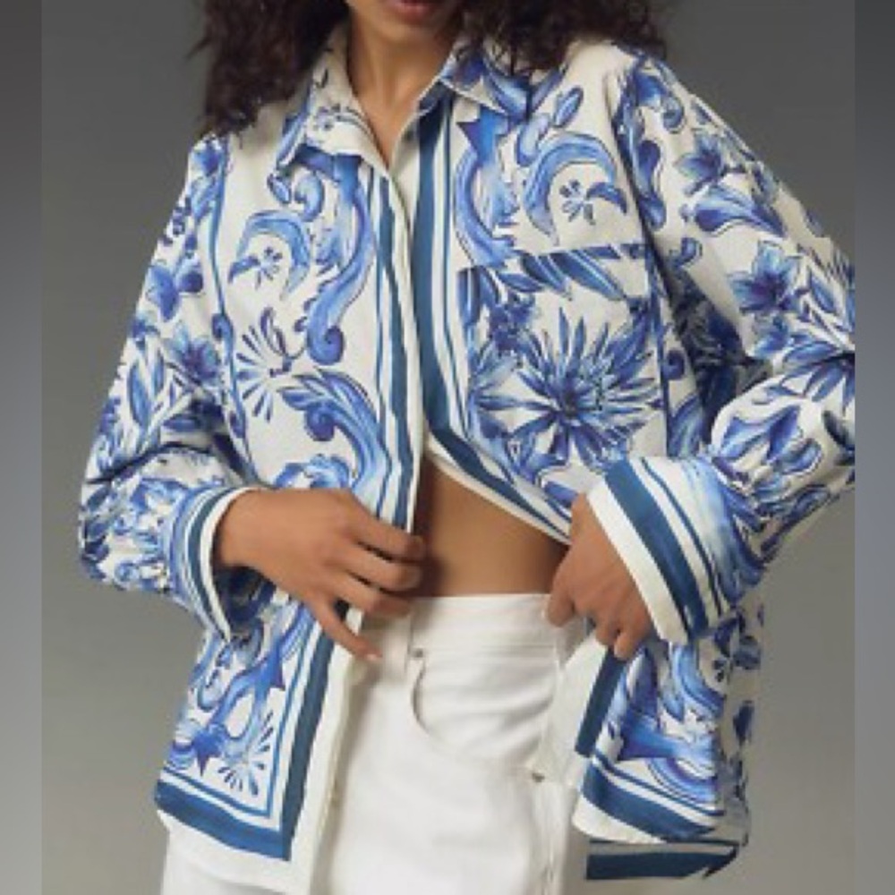 FARM Rio Blue & White Floral Scroll Button-Down Shirt
